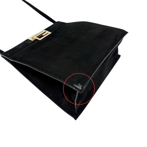 GUCCI Vintage G Square Logo Shoulder Bag Handbag Black Gold Suede [106264] - Picture 7 of 14